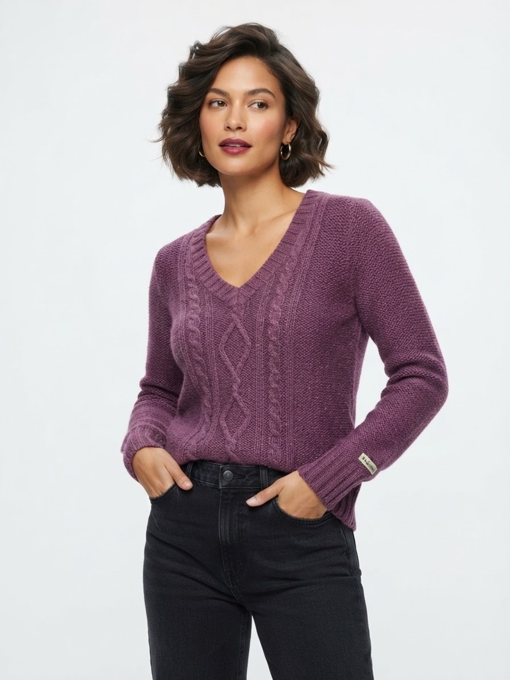 Columbia Plum Cable-Knit V-Neck Sweater